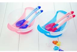 Детская посуда Aliexpress The Best Price Baby Bowl 3Pcs/Set Baby Learnning Dishes with Suction Cup Temperature Sensing Spoon and Fork Baby Tableware