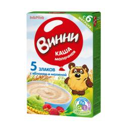 Каша Винни молочная 5 злаков с яблоком и малиной