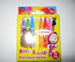 Разноцветные толстые восковые мелки Маша и Медведь с блёстками